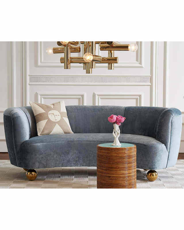 US Parker Curved Sofa, Brussels Powder Blue/Brass Ball Feet